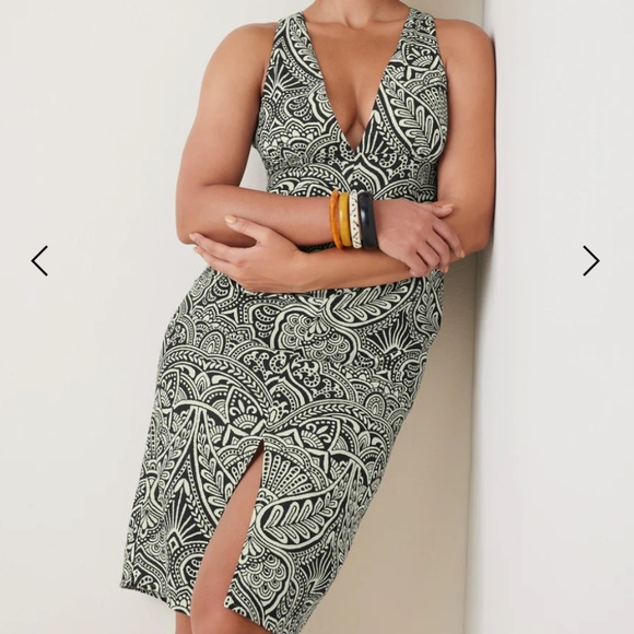 Venus Black + Cream Linen Deep V Midi Dress (Size 12) - Picture 1 of 8